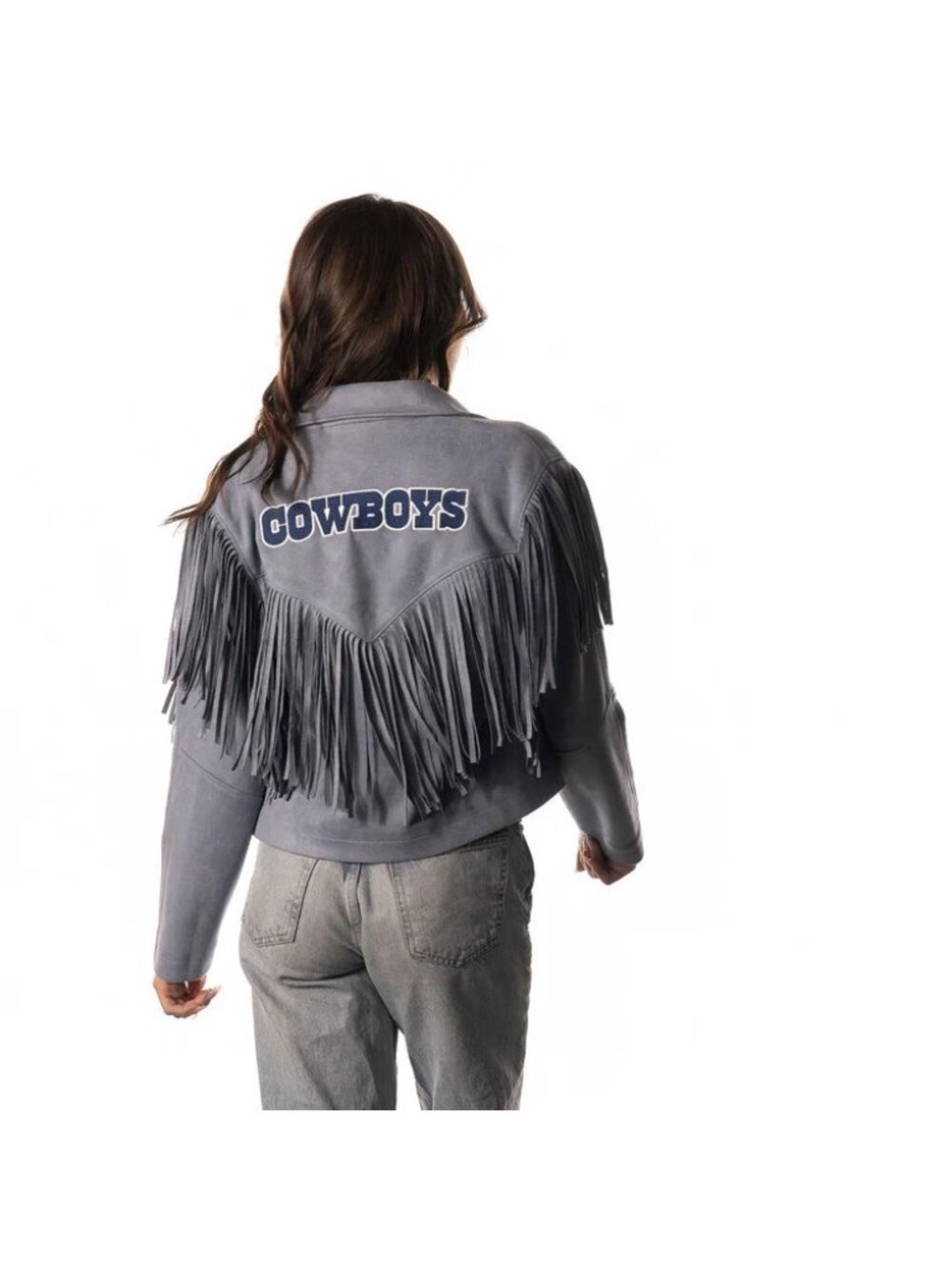 LICENSED Dallas Cowboys Wild Collective Womes Blue Fringe Jacket/Blazer MEDIUM